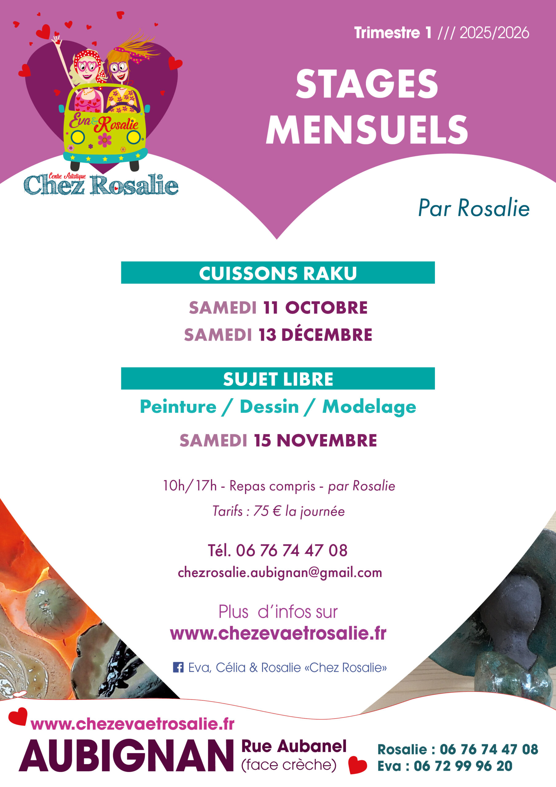 Centre artistique Chez Rosalie Aubignan Vaucluse art modelage céramique peinture dessin raku Eva Garçon Sandrine Han création